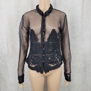 Vintage Sheer Black Soutache Embroidery Button Up Blouse Mobwife Mesh  Illusion